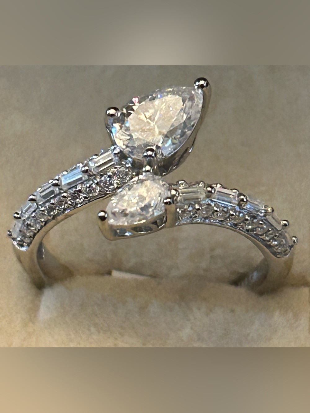 2.00CTW Moissanite Twin Pear-Cut Open Bypass Band Ring Pavé Accents 925 SSilver